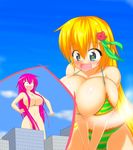  2girls bikini blonde_hair blue_eyes blush breasts building cleavage giantess large_breasts long_hair mgear moralgear multiple_girls nude pink_eyes pink_hair smile surprise surprised swimsuit very_long_hair 