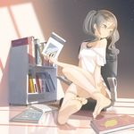  barefoot black_hair book bookshelf chair feet grey_eyes highres indoors legs long_hair original shirt soles solo t-shirt throtem toes twintails 