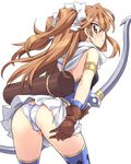  armlet artemis_phoebus ass bow bow_(weapon) brown_eyes brown_gloves brown_hair eeeeee frown gloves hair_bow leaning_forward long_hair panties quiver shinrabanshou side-tie_panties simple_background skirt solo sweatdrop thighhighs two_side_up underwear upskirt weapon white_background white_panties 