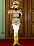  1girl belt blue_eyes bonjin-do boots breasts door feet gloves gundam hat highres legs looking_at_viewer matilda_ajan mobile_suit_gundam orange_hair salute serious short_hair solo standing thighs uniform 