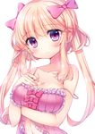  babydoll bangs bare_shoulders blonde_hair bow breast_hold breasts cleavage collarbone eyebrows_visible_through_hair frills hair_bow highres large_breasts looking_at_viewer natsume_asato original pink_babydoll pink_bow purple_eyes sidelocks simple_background solo strap_slip twintails upper_body white_background 