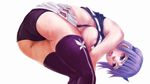  areolae ass ayane_(doa) bent_over breasts dead_or_alive headband highres large_breasts lunalu9 panties purple_hair red_eyes short_hair skirt skirt_lift solo sweat thighhighs underwear 