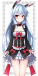  alternate_costume bangs blunt_bangs blush breasts cleavage dress gothic_lolita hair_ribbon highres kantai_collection lolita_fashion long_hair looking_at_viewer murakumo_(kantai_collection) red_eyes revision ribbon rin_yuu silver_hair small_breasts twitter_username white_hair 