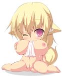  anatomical_nonsense animal_ears bad_anatomy blonde_hair blush breasts chibi cleft_of_venus commentary_request full_body huge_breasts kourourin looking_at_viewer mouth_hold nipples nude one_eye_closed original purple_eyes pussy smile solo tail towel uncensored 