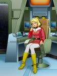  1girl belt blonde_hair blue_eyes bonjin-do boots breasts chair feet female galaxy gundam highres large_breasts looking_at_viewer mobile_suit_gundam open_mouth sayla_mass short_hair sitting smile solo space star stars uniform window 