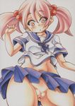  blush colored_pencil_(medium) hair_bobbles hair_ornament kantai_collection marker_(medium) midriff millipen_(medium) navel neckerchief pink_eyes pink_hair pussy sazanami_(kantai_collection) school_uniform serafuku short_sleeves simple_background slit_pupils solo traditional_media twintails upskirt white_background yutakasan-love 