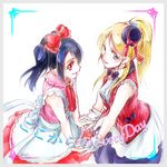  ayase_eli black_hair blonde_hair blue_eyes jason_(kaiten_kussaku_kikou) love_live! love_live!_school_idol_project multiple_girls ponytail red_eyes short_hair smile twintails yazawa_nico yuri 