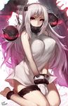  alternate_breast_size between_legs breasts hand_between_legs highres horns kantai_collection large_breasts long_hair looking_at_viewer mittens monster mukka northern_ocean_hime older pale_skin red_eyes shinkaisei-kan solo turret v_arms white_hair 