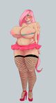  big_breasts blush breasts clothing female fishnet fluttershy_(mlp) friendship_is_magic hair huge_breasts human humanized inverted_nipples jewelry legwear makeup mammal my_little_pony nipples panties pink_hair plain_background pussy skirt solo stockings sundown_(artist) thick_thighs underwear wings 