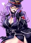  breasts cleavage glasses gloves hat heart hikounin_sentai_akibaranger huge_breasts lips long_hair looking_at_viewer maruseena megane_man military military_uniform parted_lips purple_background purple_hair simple_background smile solo thighs uniform 