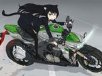  animal_ears black_hair black_legwear cat_ears cat_tail ground_vehicle long_hair motor_vehicle motorcycle original razi school_uniform tail thighhighs yellow_eyes 