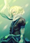  arm_warmers blonde_hair blurry covering_mouth gradient gradient_background green_eyes kouzuki_kei looking_at_viewer md5_mismatch mizuhashi_parsee pointy_ears scarf shirt short_hair short_sleeves skirt solo touhou 