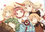  atoki blonde_hair bow brown_dress brown_eyes bucket dress green_eyes green_hair hair_bobbles hair_bow hair_ornament hairband heart heart_of_string horn hoshiguma_yuugi in_bucket in_container kisume komeiji_satori kurodani_yamame looking_at_viewer mizuhashi_parsee multiple_girls one_eye_closed oni open_mouth pink_eyes pink_hair pointy_ears red_eyes shirt smile third_eye touhou twintails wooden_bucket |_| 