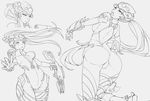  ass back bodysuit breasts center_opening character_name greyscale gun highres long_hair looking_at_viewer looking_back medium_breasts monochrome open_mouth overwatch phandit_thirathon ponytail rifle simple_background sketch solo thighhighs tongue visor weapon white_background widowmaker_(overwatch) 