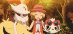  1girl animated animated_gif braixen brown_hair happy hat pancham pokemon pokemon_(anime) serena_(pokemon) smile sunglasses 