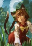  animal_ears bad_id bad_twitter_id bow brown_eyes brown_hair cat_ears cat_tail chen crawling fang hat kouzuki_kei long_sleeves looking_at_viewer mob_cap multiple_tails open_mouth shirt short_hair skirt skirt_set solo tail touhou vest 