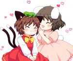  ^_^ animal_ears bebeneko bow brown_hair bunny_ears bunny_tail carrot cat_ears cat_tail chen child closed_eyes closed_mouth dress green_hat hat heart inaba_tewi long_sleeves mob_cap multiple_girls multiple_tails nekomata open_mouth pink_dress red_dress short_hair short_sleeves simple_background smile tail touhou two_tails whispering white_background yellow_bow 