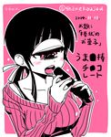  blush breasts completion_time cyclops dated hitomi_sensei_no_hokenshitsu large_breasts long_hair manaka_hitomi one-eyed open_mouth pink pink_eyes ponytail sexually_suggestive shake-o sidelocks sketch solo sweater translation_request twitter_username upper_body 