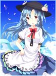  :o ajiriko bad_id bad_pixiv_id banned_artist blue_hair cherry_blossoms collared_shirt day dress food food_on_head fruit fruit_on_head hat highres hinanawi_tenshi long_hair object_on_head open_mouth peach red_eyes sash shirt skirt sky solo touhou 