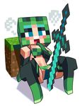  between_breasts bikini black_legwear blue_eyes blush breasts creeper full_body gashi-gashi green_bikini hand_to_own_mouth hood medium_breasts minecraft open_mouth personification pixelated planted_sword planted_weapon solo spread_legs steam swimsuit sword teeth thighhighs weapon 