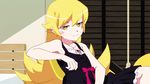  1girl animated animated_gif blonde_hair blush blush_stickers fang fangs long_hair monogatari_(series) oshino_shinobu panning pointy_ears vampire yellow_eyes zooming 