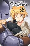  anger_vein armor blonde_hair breast_press breasts copyright_request kawa-v large_breasts sneer 
