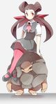  ascot black_footwear brown_hair dress gen_1_pokemon golem_(pokemon) grey_dress gym_leader hair_ornament hair_pulled_back highres jaibus pink_legwear pokemon pokemon_(creature) pokemon_(game) red_eyes shoes sitting_on_rock tsutsuji_(pokemon) twintails 