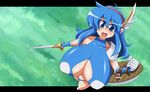 blue_eyes blue_hair breasts character_request cleavage cleavage_cutout hairband huge_breasts looking_at_viewer regls shield smile source_request sword sword_shield tecna 