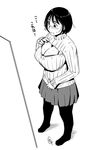  1girl black_hair blush breasts cleavage ganto large_breasts monochrome open-chest_sweater short_hair simple_background sweater thighhighs turtleneck white_background 