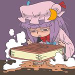  book crescent crushed cup_ramen failure hat long_hair onikobe_rin patchouli_knowledge purple_eyes purple_hair ribbon solo touhou you're_doing_it_wrong 