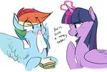  blush duo english_text equine friendship_is_magic glacierclear hair horn mammal my_little_pony pegasus rainbow_dash_(mlp) sandwich text twilight_sparkle_(mlp) unicorn wings 