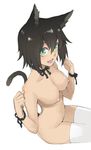  :d animal_ears black_hair breasts cat_ears cat_tail choker dark_skin fang from_above green_eyes hair_between_eyes looking_up medium_breasts musashimaru nipples nude open_mouth original ribbon ribbon_choker simple_background sitting smile solo tail thighhighs white_background white_legwear wrist_ribbon 