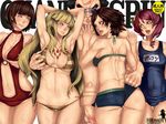  4girls alisa_boskonovich anna_williams armpits asymmetrical_hair back bangs bikini blue_eyes breast_grab breast_squeeze breasts censored choker cleavage clothed_female_nude_male cover cover_page doujin_cover fat fat_man flaccid ganryu_(tekken) grabbing green_eyes harem hetero kazama_asuka lili_(tekken) long_hair mosaic_censoring multiple_girls nude one-piece_swimsuit penis pink_hair pointless_censoring puckered_lips scar school_swimsuit self_fondle serizawa_an_ne short_hair short_shorts shorts side-tie_bikini small_breasts sumo sunglasses swimsuit tekken 