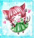  ^_^ animal_ears blush border braid cat_ears cat_tail chibi closed_eyes dress facing_viewer floral_background frilled_skirt frills gradient gradient_background green_dress hair_ribbon heart juliet_sleeves kaenbyou_rin long_sleeves multiple_tails open_mouth puffy_sleeves red_hair ribbon shoe_ribbon short_hair skirt solo sparkle tail touhou tress_ribbon tsukiori_sasa twin_braids 