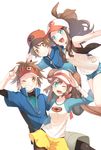  2girls bare_shoulders baseball_cap blue_eyes brown_eyes brown_hair denim denim_shorts double_bun hat kyouhei_(pokemon) mei_(pokemon) multiple_boys multiple_girls one_eye_closed pantyhose pokemon pokemon_(game) pokemon_bw pokemon_bw2 protected_link raglan_sleeves sekka_koyori shorts touko_(pokemon) touya_(pokemon) v vest visor_cap 