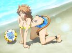  1girl all_fours animal_ears ball barefoot beach beachball bell bikini_top breasts brown_eyes brown_hair butt_crack cat_tail cleavage fairy_tail hanging_breasts happy_(fairy_tail) highres large_breasts millianna sand screencap shorts stitched swimsuit tail tattoo 