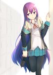  adjusting_clothes adjusting_shoe arm_support bad_id bad_pixiv_id black_legwear blazer blush breasts cardigan gj-bu jacket long_hair long_sleeves open_cardigan open_clothes pantyhose plaid plaid_skirt purple_eyes purple_hair school_uniform skirt small_breasts smile solo sumeragi_shion u_(mikaduki0720) very_long_hair 