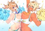  2girls :d ahoge ahoge_girl_(23) arm_up asymmetrical_docking bikini blonde_hair blue_eyes blue_neckwear blush breast_press breasts brown_hair cheerleader cleavage confetti dark-skinned_girl_(23) dark_skin detached_collar dual_wielding from_side gradient gradient_background hair_between_eyes hair_ornament hand_up hands_up highres hips holding huge_breasts large_breasts light_smile lips lipstick looking_at_viewer makeup multiple_girls muscle navel necktie open_mouth orange_neckwear original pom_poms short_hair short_twintails sidelocks simple_background smile star star_hair_ornament star_print sweat swimsuit toned twintails white_background wristband 