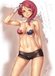  :q alisa_boskonovich asymmetrical_hair breasts cleavage contrapposto cowboy_shot detached_collar dojikko_pose flower green_eyes hair_flower hair_ornament highres lips medium_breasts multicolored_hair pasties pink_hair red_hair serizawa_an_ne short_shorts shorts solo standing tekken tongue tongue_out translation_request two-tone_hair 