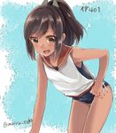  bent_over brown_hair i-401_(kantai_collection) kantai_collection maruki_(punchiki) ponytail sailor_collar school_swimsuit school_uniform solo swimsuit swimsuit_under_clothes tan 