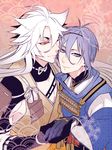  blue_eyes blue_hair gloves holding_hands japanese_clothes kogitsunemaru long_hair looking_at_viewer male_focus mikazuki_munechika multiple_boys orange_eyes sayagata seigaiha touken_ranbu unmoving_pattern white_hair zuwai_kani 