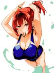  absurdres adjusting_hair armpits arms_up barefoot blush breasts cleavage competition_swimsuit foreshortening hairband highres huge_breasts jpeg_artifacts maken-ki! mouth_hold one-piece_swimsuit ponytail red_eyes red_hair rokujou_minori scan short_hair smile solo swimsuit takeda_hiromitsu tying_hair walking 