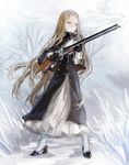  black_gloves blonde_hair blue_eyes boat capelet coat double-barreled_shotgun dress gloves gun jane_mere long_hair md5_mismatch original shotgun sketch solo very_long_hair watercraft weapon 