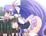  1girl areolae ass bdsm bent_over blush bondage bound breasts breasts_outside cure_fortune happinesscharge_precure! hikawa_iona legs long_hair looking_back nipples no_bra no_panties open_mouth precure purple_eyes purple_hair skirt small_breasts standing suigin_cigarette sweat thighs 