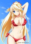  absolute_duo arm_behind_head bikini blonde_hair blue_eyes breasts cleavage highres large_breasts lilith_bristol long_hair mimelex navel one_eye_closed smile solo standing swimsuit 