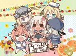  &gt;_&lt; :d anger_vein bismarck_(kantai_collection) blonde_hair blue_eyes blush_stickers chibi closed_eyes flower glasses hair_flower hair_ornament hat i-58_(kantai_collection) i-8_(kantai_collection) itotin kantai_collection long_hair multiple_girls necktie open_mouth peaked_cap ro-500_(kantai_collection) sailor_hat school_swimsuit shoes silver_hair smile swimsuit swimsuit_under_clothes translation_request z1_leberecht_maass_(kantai_collection) 