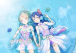  angel_wings ayase_eli blonde_hair blue_eyes blue_hair butterfly_hair_ornament hair_ornament headphones highres long_hair love_live! love_live!_school_idol_project lying multiple_girls on_back partially_submerged ponytail ripples smile sonoda_umi suito water wings yellow_eyes 