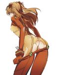  1girl anus ass back blue_eyes erect_nipples from_behind long_hair looking_back mebae neon_genesis_evangelion orange_hair plugsuit pussy rebuild_of_evangelion see-through simple_background solo soryu_asuka_langley test_plugsuit torn_clothes twintails uncensored 