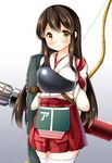  akagi_(kantai_collection) arrow bow_(weapon) breasts brown_eyes brown_hair commentary flight_deck hakama_skirt japanese_clothes kantai_collection large_breasts long_hair looking_at_viewer muneate quiver smile solo thighhighs weapon white_legwear yuuki_hb zettai_ryouiki 
