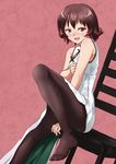  brown_eyes brown_hair brown_legwear chair china_dress chinese_clothes disgust dress highres kakiha_makoto kantai_collection knee_up mutsuki_(kantai_collection) open_mouth pantyhose red_hair short_hair sitting solo 